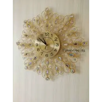 FunkyTradition 3D Golden Flower Diamond Studded Wall Clock 